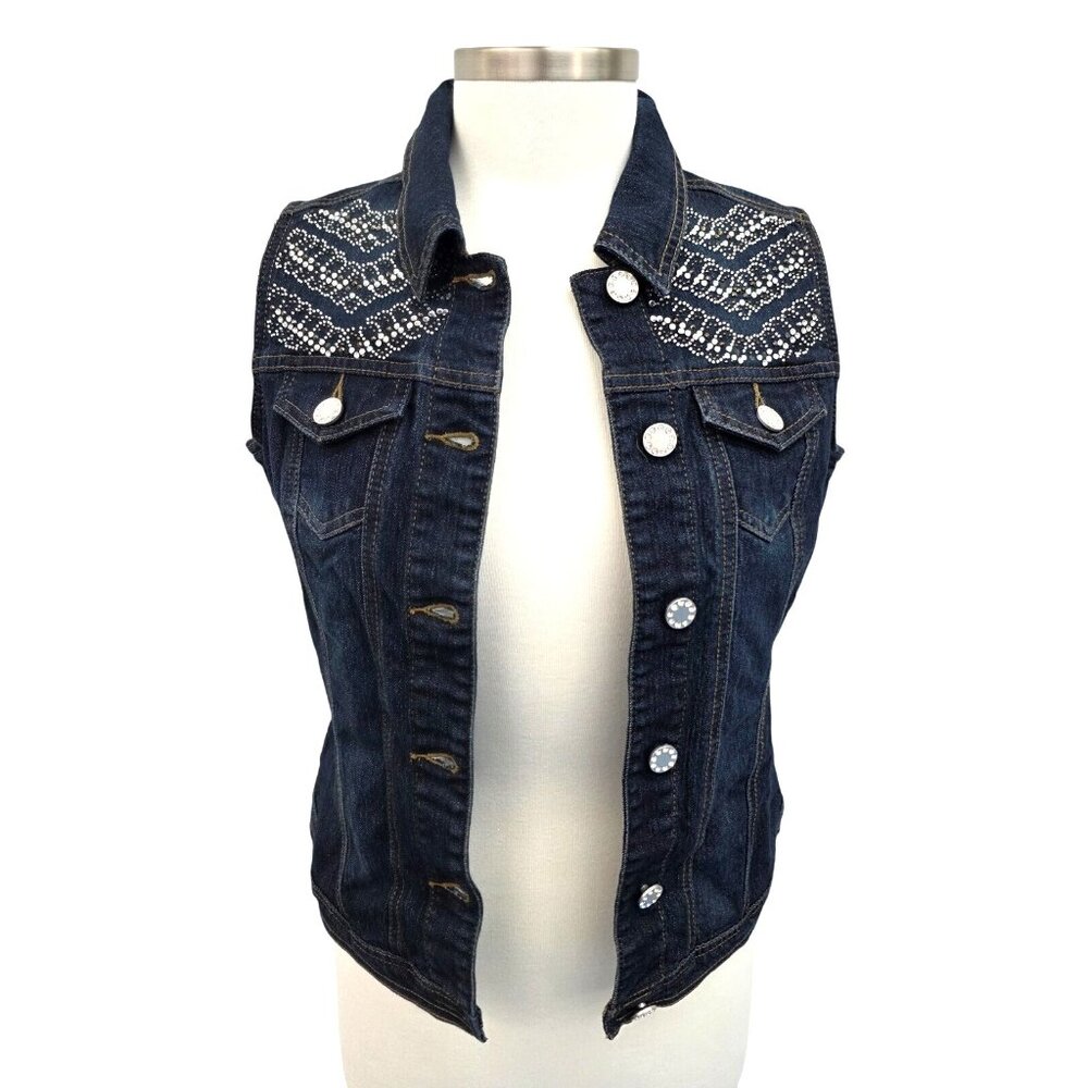 Baccini Womens Rhinestone Denim Vest Size‎ S Dark Wash Western Cowgirl Rodeo 90s